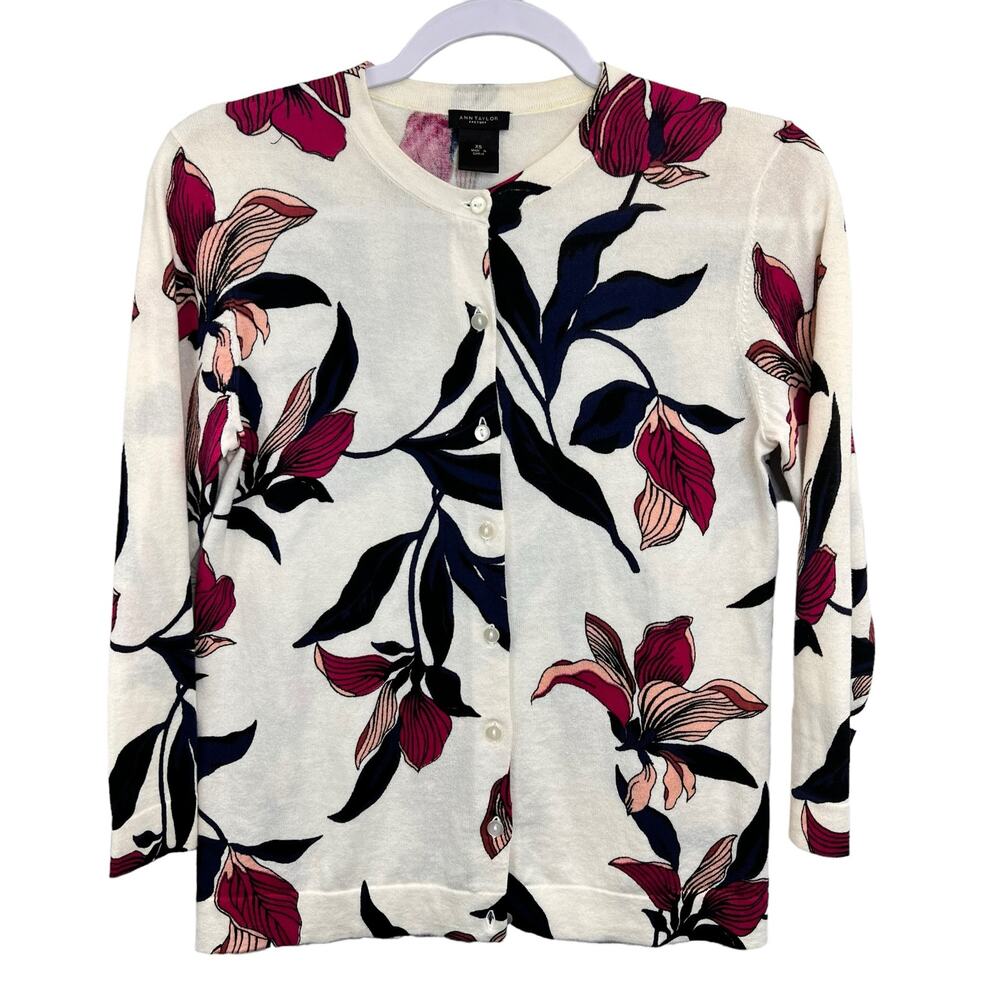 Ann Taylor Factory Floral Cardigan XS‎ 100% Cotton Button Front Lightweight Knit